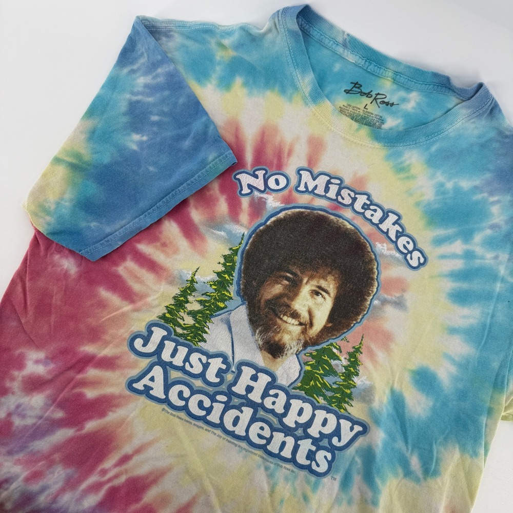 Bob Ross Graphic T-Shirt Mens Large Multicolor Tie Dye Happy Accidents Art Hippy
